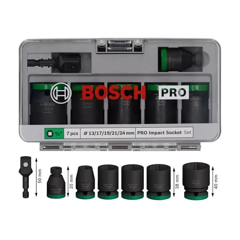 Bosch Pro 1/2" Impact Socket Wrench Kit – 7 Standard Sockets With 1/4" Adapter (2608003032) 1