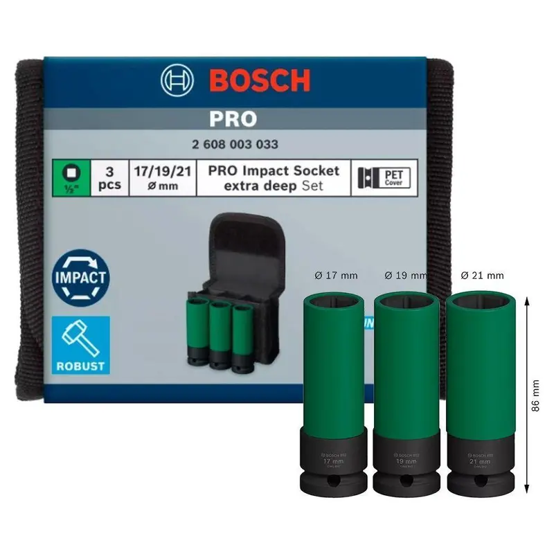 Bosch Pro Extra-Deep Impact Sockets – 3-Piece Metric Set (17Mm, 19Mm, 21Mm) 1