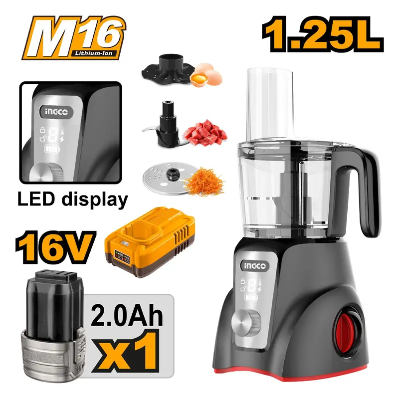 Ingco 16V Cordless Food Processor With 1.25L Bowl And 2.0Ah Battery 1