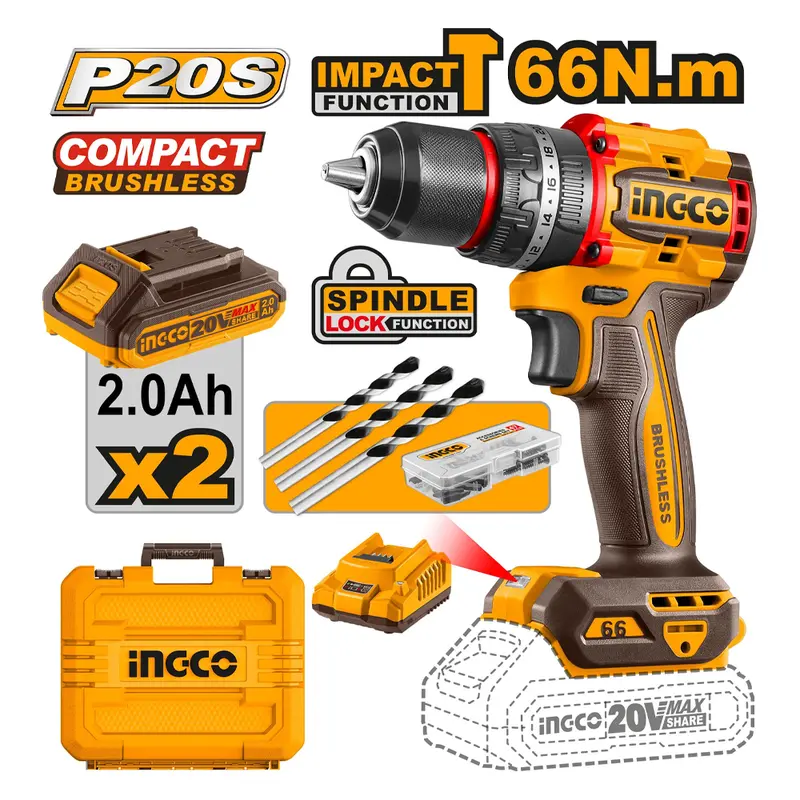 Ingco 20V Brushless Cordless Impact Drill With 2.0Ah Battery 2