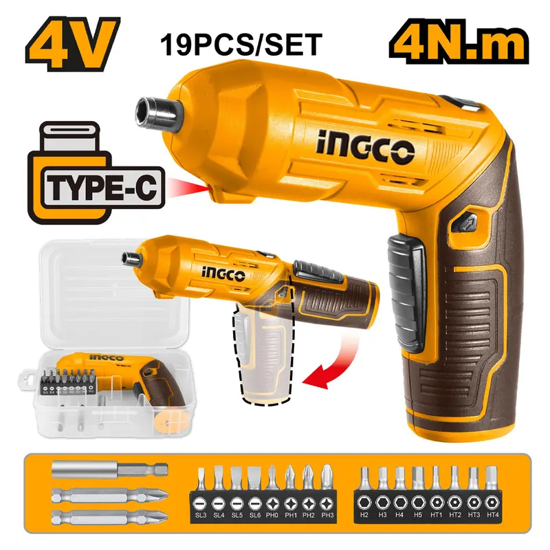 Ingco 4V Cordless Screwdriver Kit – 19-Piece Compact Set With Built-In Battery 2
