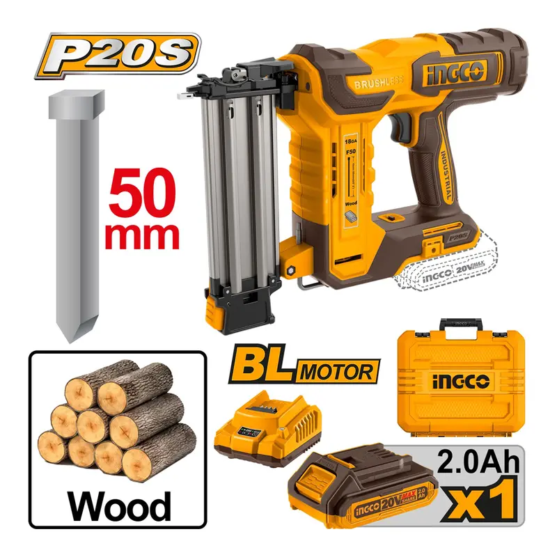Ingco Cbnli5008 20V Industrial Brad Nailer Kit With 2.0Ah Battery 1