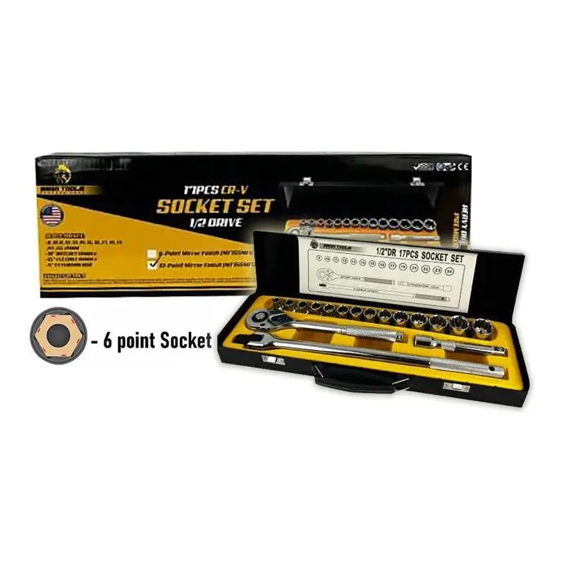 Megatools M17Ssmf6 17-Piece 1/2" Drive Mirror-Finish Socket Set (6-Point) 1