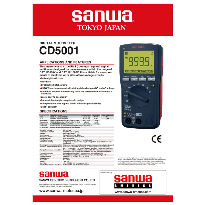 Sanwa Cd5001 True Rms Digital Multimeter With Electric Field Detection 2