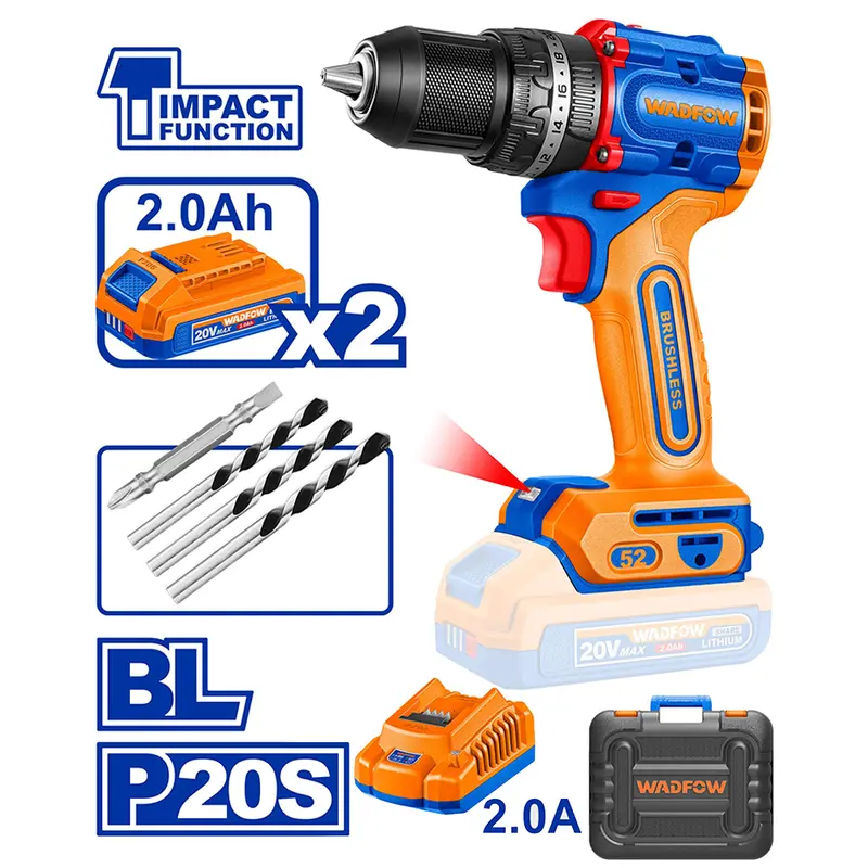 Wadfow Wcdp5281 20V Cordless Impact Drill – 52 N·M Torque, Led Light 1
