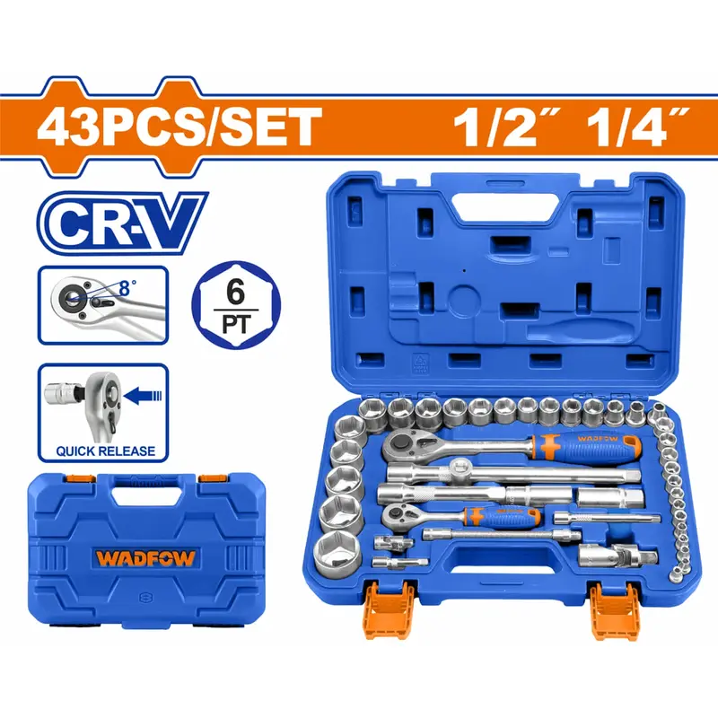 Wadfow Wst3D43 43-Piece Dual-Drive Socket Set (1/4" & 1/2") 1